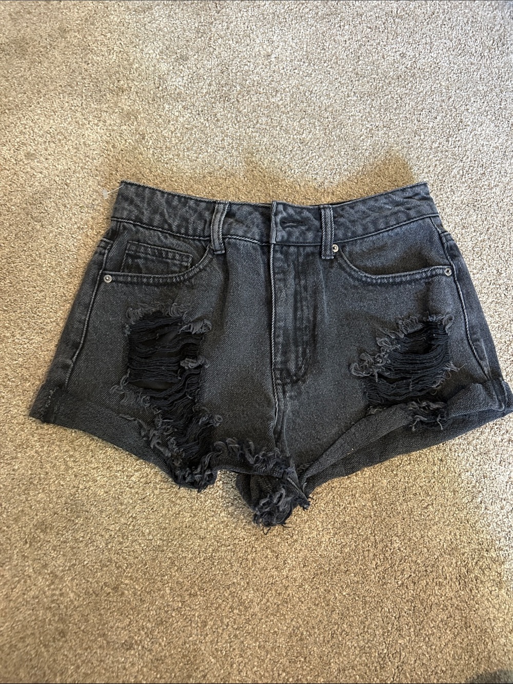 Forever 21 Black Distressed High-Waist Denim Shorts